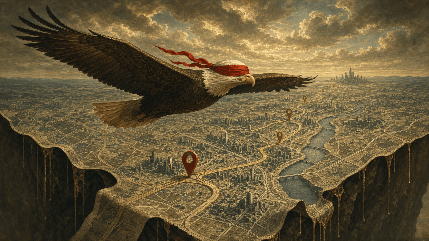 A eagle wearing a blindfold soaring over a citymap