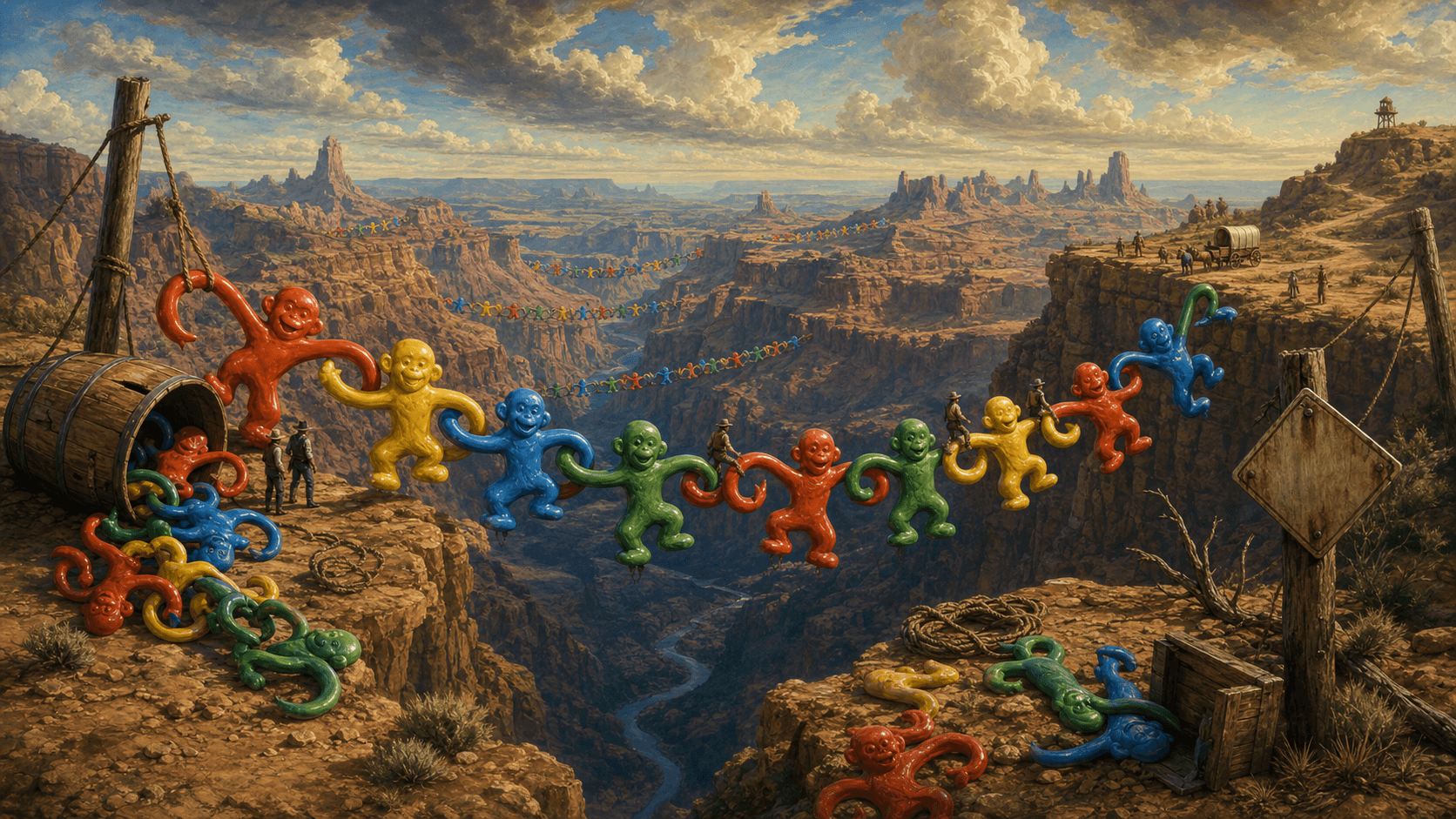 western scene with a barrel of monkeys linking arms