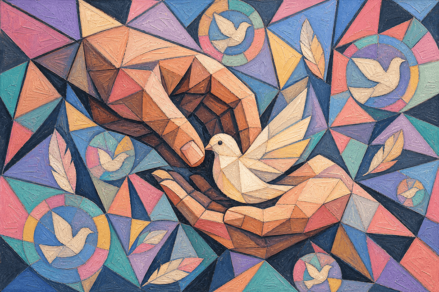 a father's hand placing a dove in the hand of his son